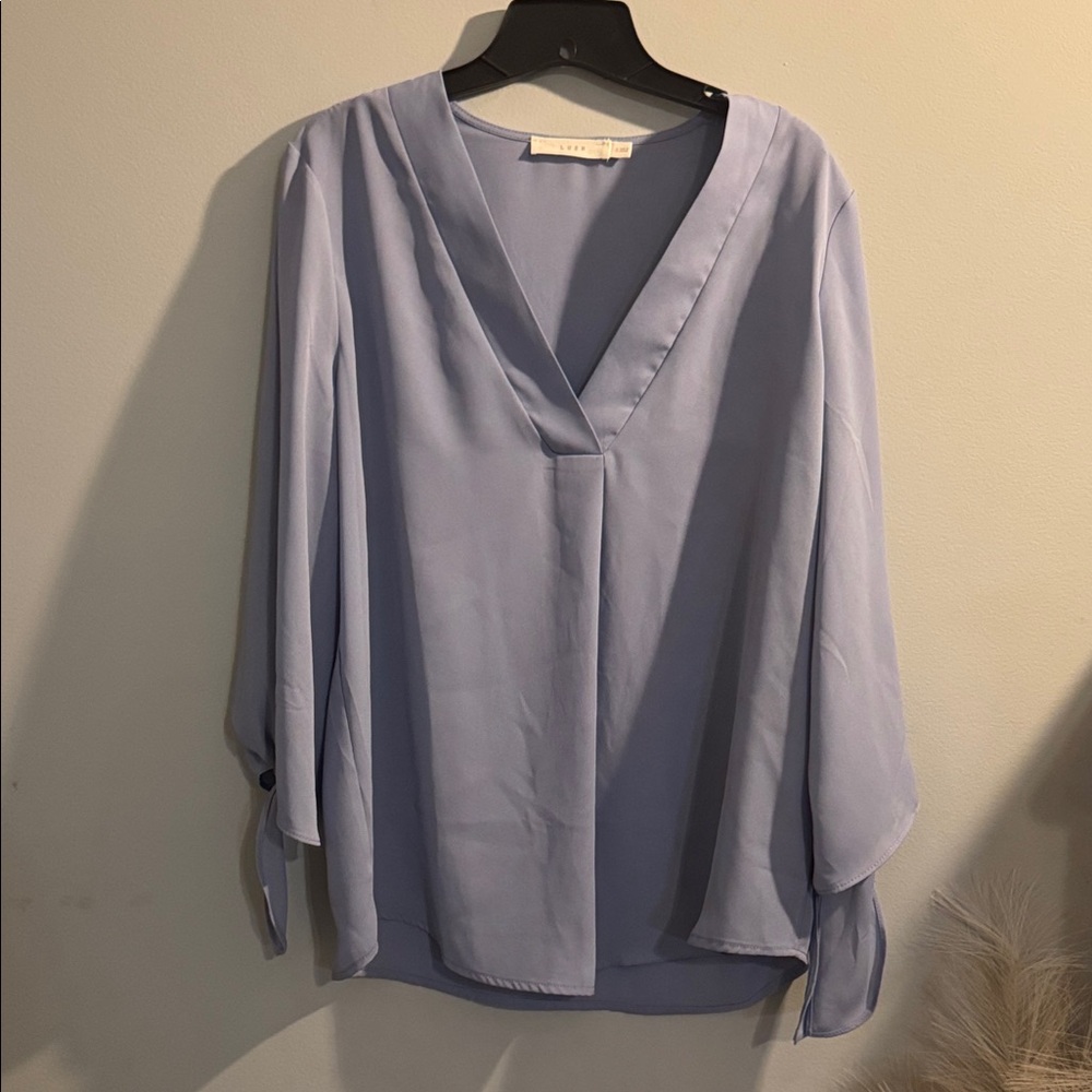 Lush Pale Blue V-Neck Flow Sleeve Blouse